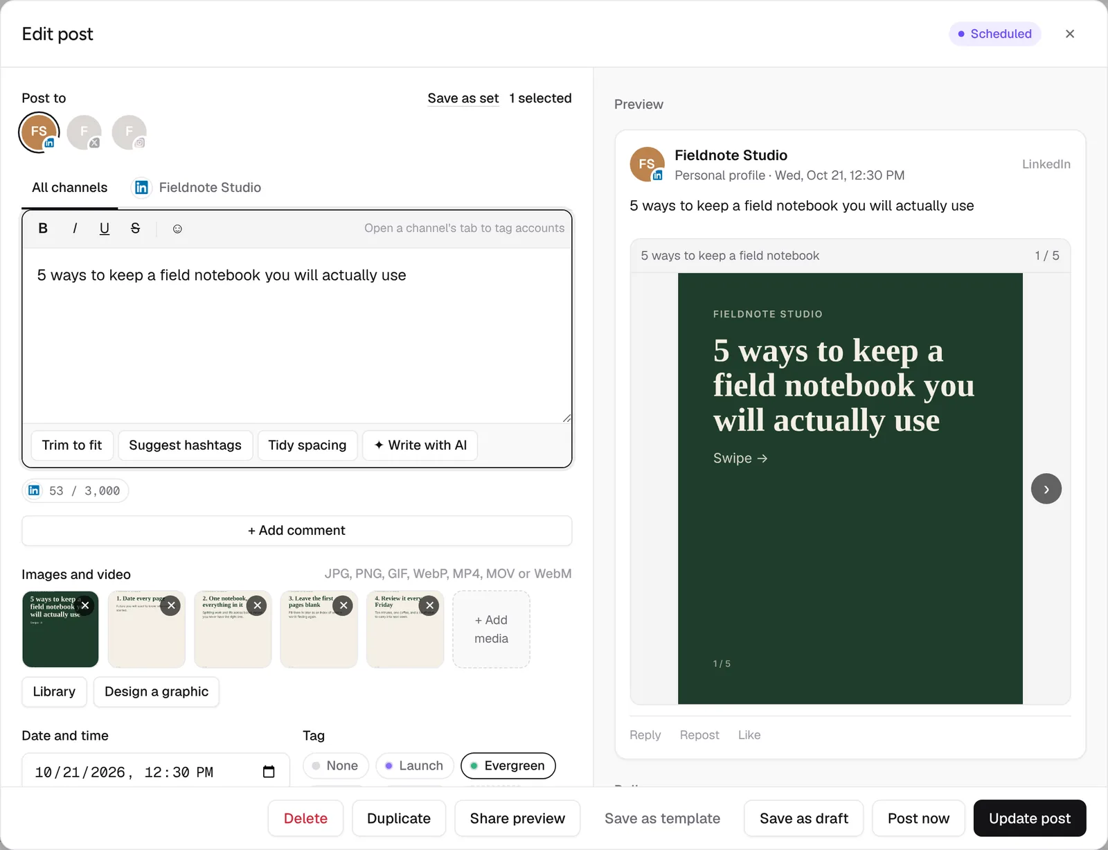 The Postline composer with a LinkedIn post and five carousel slides attached