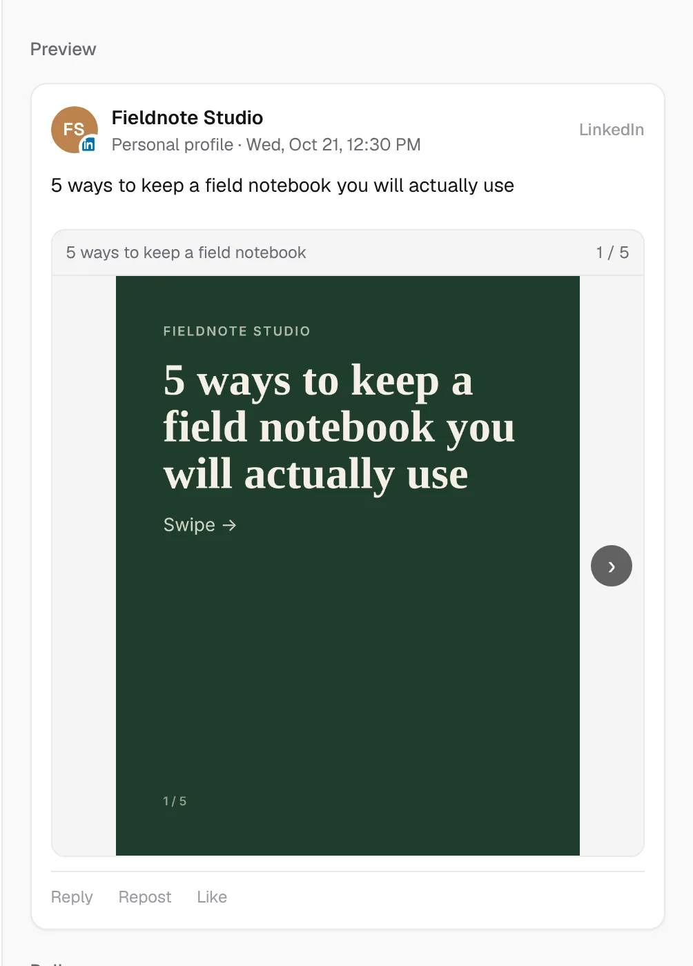 Preview of the LinkedIn carousel in Postline, showing slide 1 of 5