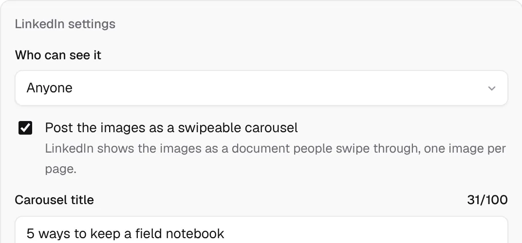 LinkedIn settings in Postline with the carousel switch turned on and a carousel title