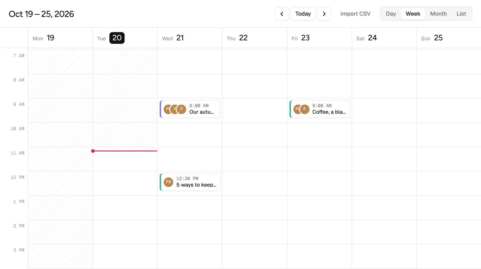 The Postline week calendar with posts on Wednesday, Thursday, Friday and the weekend