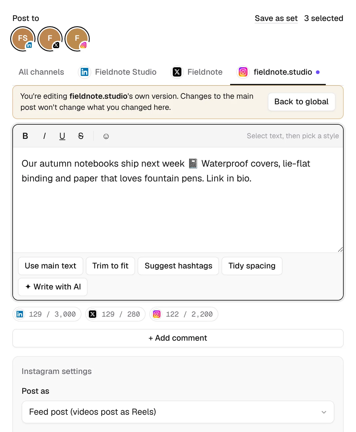 Editing the Instagram version of a post in Postline, with its own text