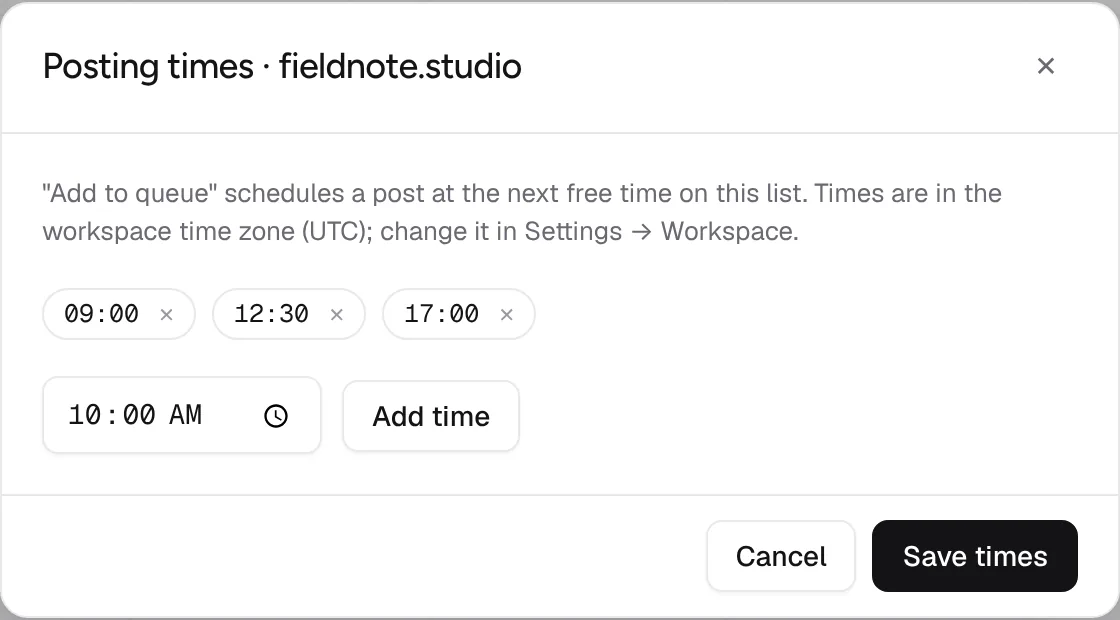 Posting times for an Instagram channel in Postline: 9:00, 12:30 and 17:00
