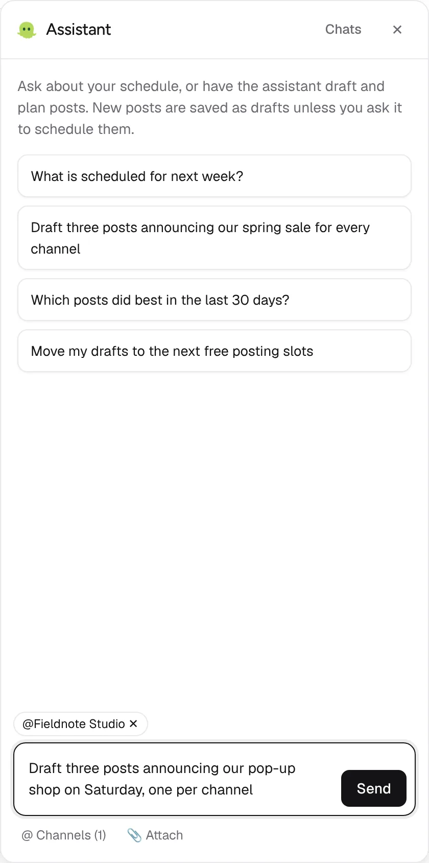 The Postline assistant with a channel picked and a request typed in