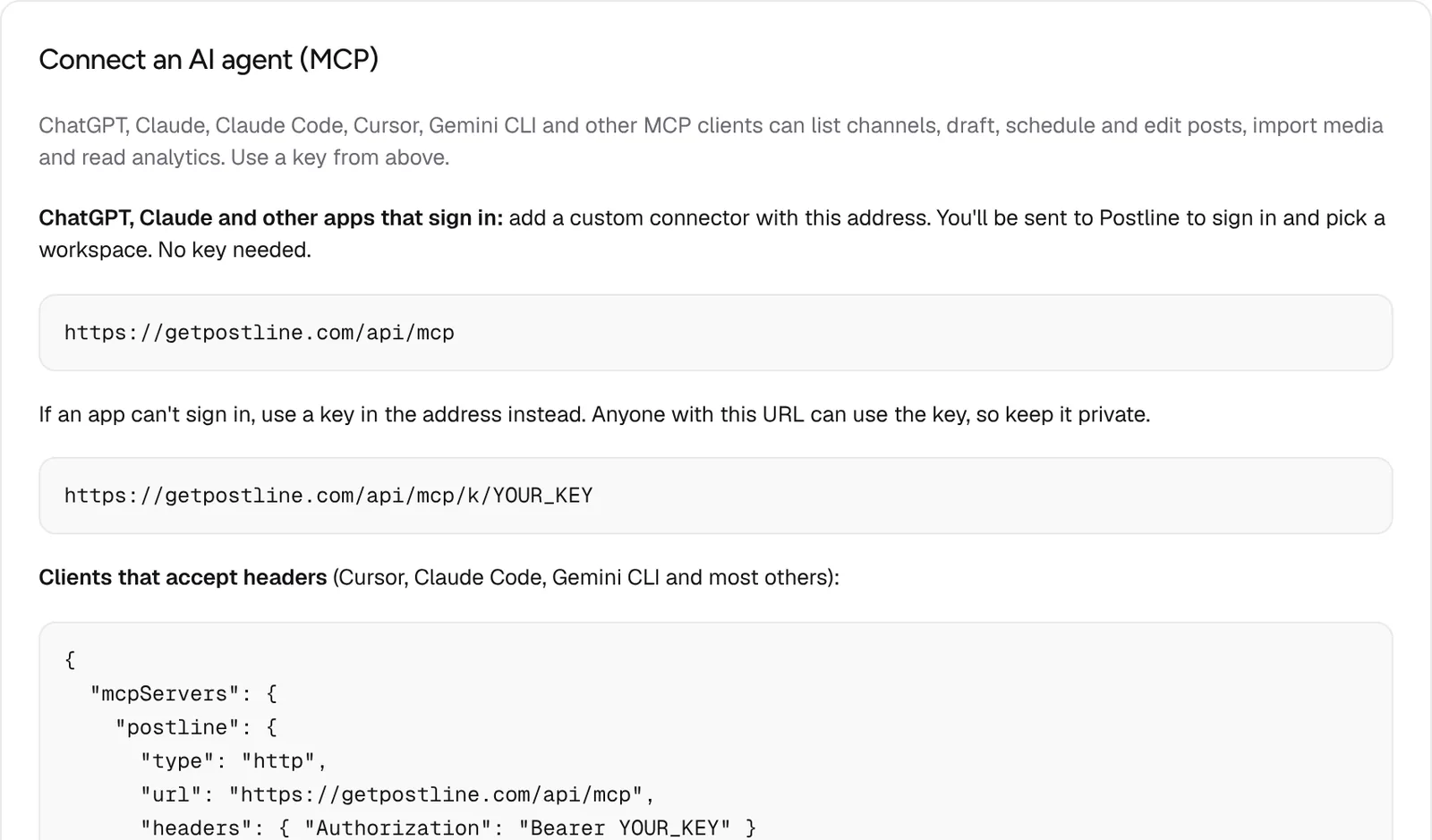 The Connect an AI agent section in Postline's API settings, showing the MCP address